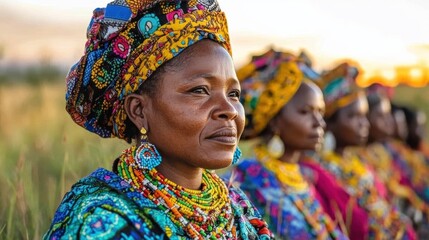 Fototapeta premium A group of women dressed in colorful traditional attire with intricate beaded jewelry, standing proudly outdoors in natural light.
