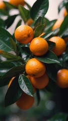A close up of a bunch of oranges and leaves.