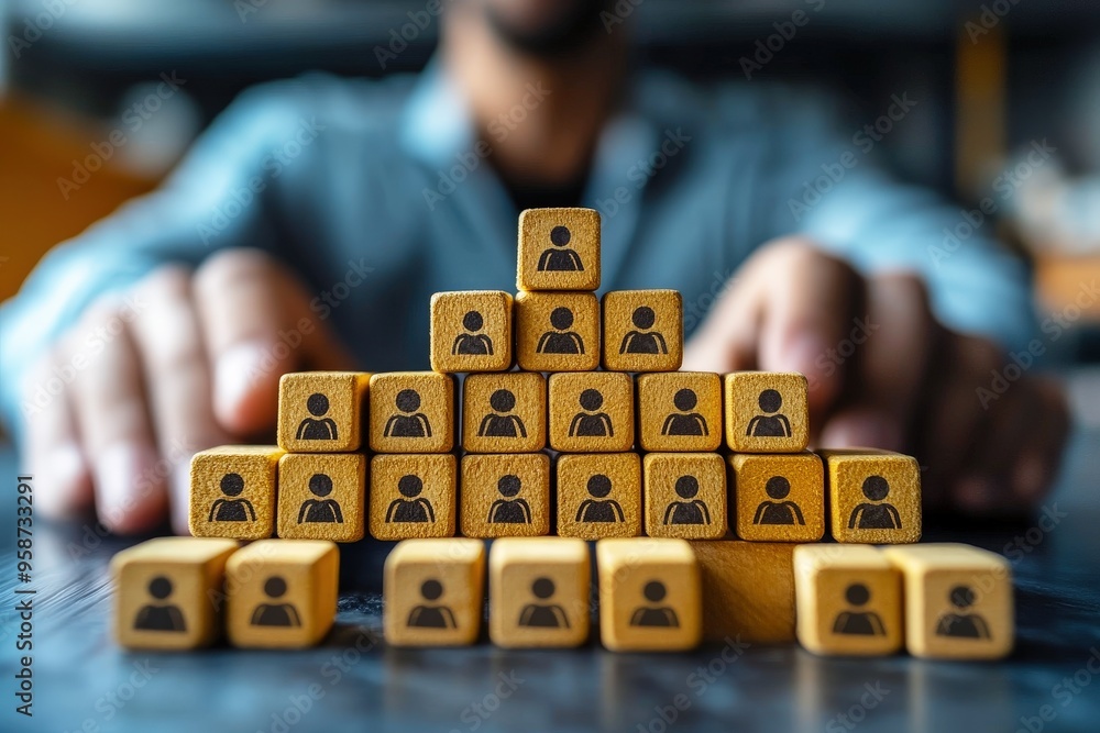 Poster building a strong team: wooden blocks with people icons arranged in a pyramid symbolizing teamwork, 