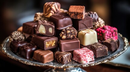 A stack of assorted chocolate pralines with different fillings and textures, placed on a fine china platter.