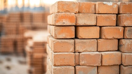 Fototapeta premium A stack of bricks neatly arranged at a construction site, representing building, architecture, and development
