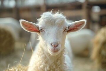 Obraz premium Close-up of a cute young white goat with a curious and happy expression.