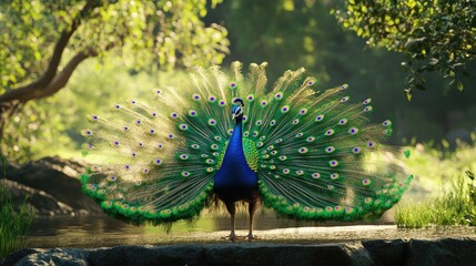 Obraz premium Stunning peacock displaying its vibrant plumage, set against a realistic background of a tranquil nature reserve