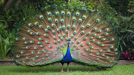 Obraz premium Stunning peacock with fanned-out feathers, posed gracefully against a realistic background of a tranquil garden