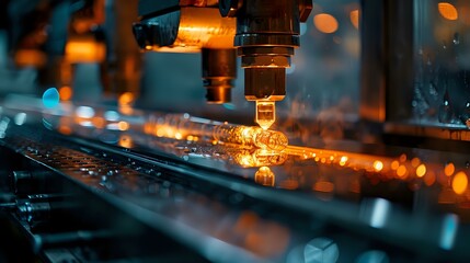 A high-tech industrial scene showing precision glass manufacturing with bright sparks and glowing glass under production. Ideal for technology, engineering, or manufacturing-related content.