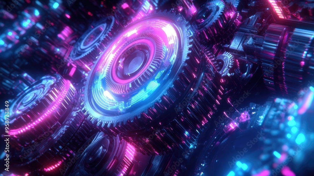 Poster vibrant neon gears turning in a high-capacity system, with a dynamic futuristic background, creating