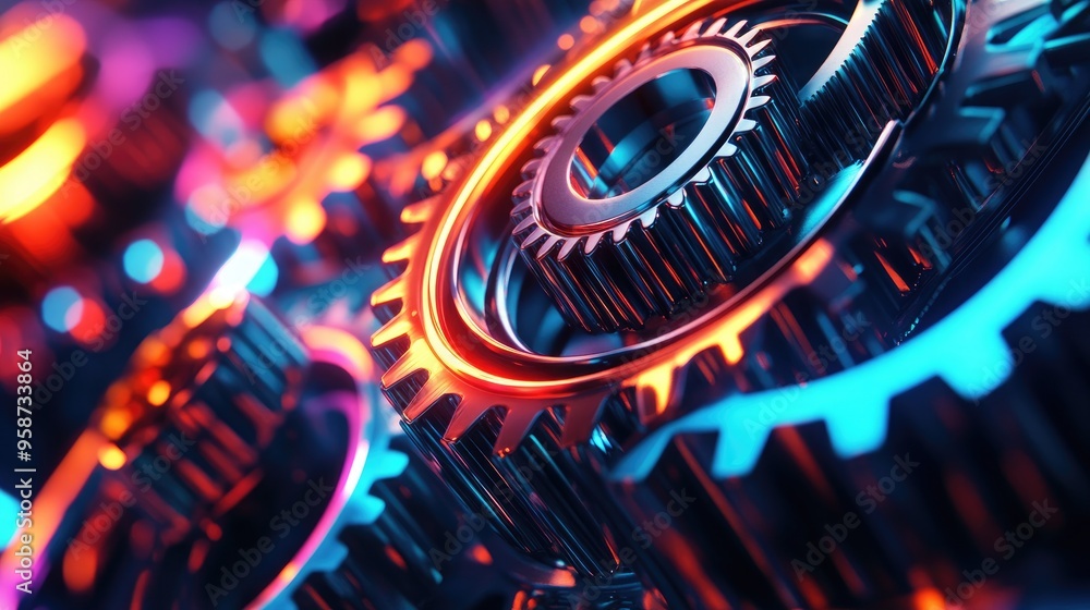 Poster vibrant neon gears turning in a high-capacity system, with a dynamic futuristic background, creating