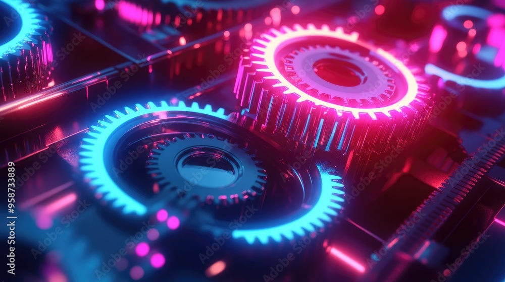 Poster vibrant neon gears turning in a high-capacity system, with a dynamic futuristic background, creating