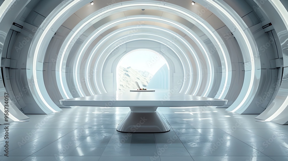 Poster high gloss white futuristic table for cutting edge tech products display and concept presentation