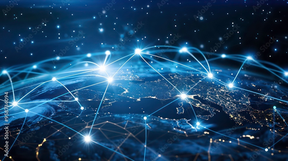 Poster close up of a glowing world map with interconnected lines representing the global network.