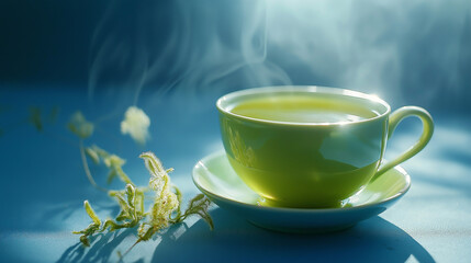 cup of Green tea on blue background