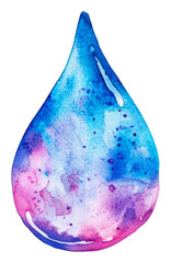 Colorful watercolor drop with blue and pink tones, cut out - stock png.