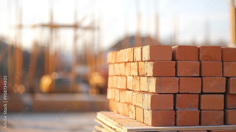 Poster a stack of red bricks neatly arranged on a construction site, with a blurred background of ongoing b
