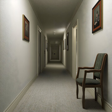 a hallway  leading to the rooms at small house with chair 