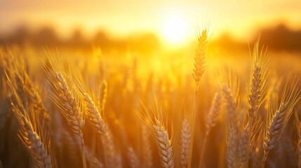A field of golden wheat glows in the warm light of the setting sun, symbolizing harvest, abundance, and nature's beauty.