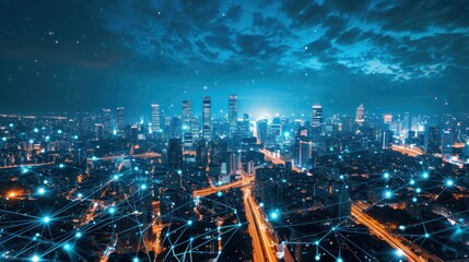 Fototapeta premium Smart city and communication network. Digital transformation, business, building, modern, urban, technology, connection, information, innovation, capita, future