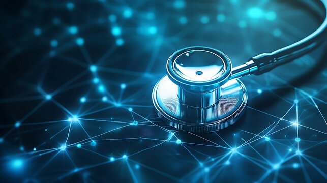 A stethoscope rests on a glowing digital network, symbolizing the integration of technology and healthcare for advanced diagnostics and telemedicine.