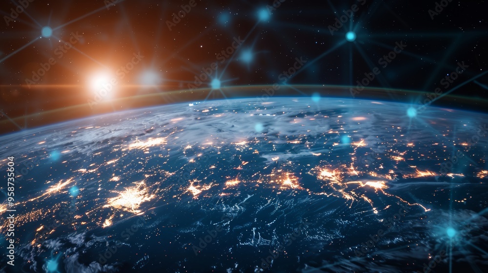 Fototapete planet with a network of lines connecting it to other planets. connections system and global datas e