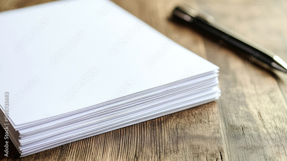 Poster a stack of white paper sheets with a slight curl on the edges, neatly arranged on a wooden desk with