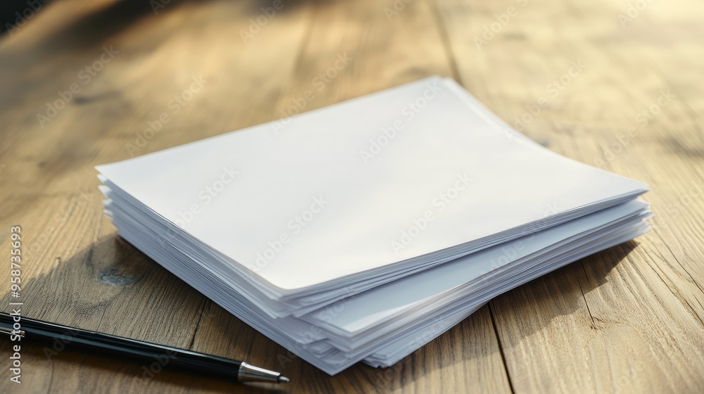 Poster a stack of white paper sheets with a slight curl on the edges, neatly arranged on a wooden desk with