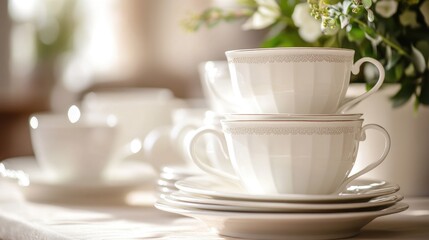 Fototapeta premium A stack of white china cups on a table, awaiting a tea party or event, suggesting elegance and hospitality