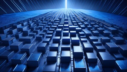 Obraz premium a surface consisting of many neatly arranged three-dimensional boxes, with a dark blue color and bright blue borders, creating a futuristic and dynamic impression
