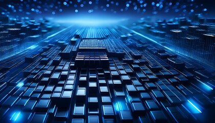 a surface consisting of many neatly arranged three-dimensional boxes, with a dark blue color and bright blue borders, creating a futuristic and dynamic impression