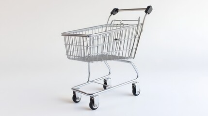 A sturdy metal shopping cart stands alone against a plain white background, symbolizing convenience for grocery shopping or retail experiences in a minimalist environment