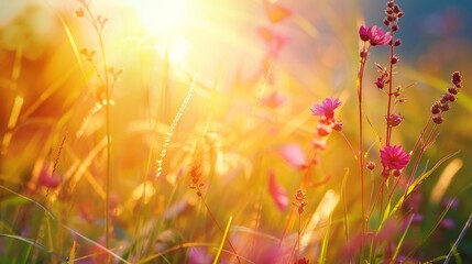 Nature background. Beautiful summer meadow background. Inspirational nature, field of flowers with a bright sun shining on them. flowers are yellow and pink. Scene is cheerful and peaceful