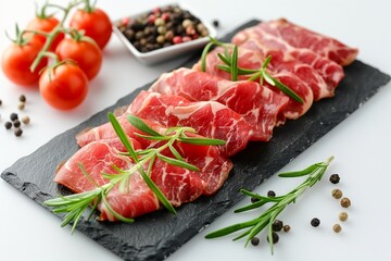 Freshly sliced raw meat with herbs and tomatoes on a slate. Ready for cooking or serving as a gourmet appetizer.