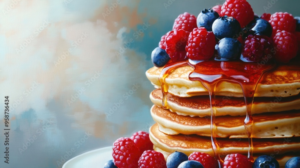 Wall mural A tall stack of pancakes topped with fresh berries and syrup, capturing a delicious breakfast scene.