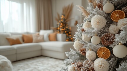 A close-up of a white Christmas tree decorated with dried orange slices, dry berries, cones, pampas grass, paper ornaments, and paper honeycombs in front of the sofa