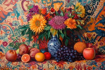 Still Life with Flowers, Fruit, and a Blue and White Vase