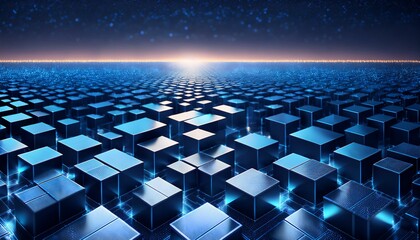 Obraz premium a surface consisting of many neatly arranged three-dimensional boxes, with a dark blue color and bright blue borders, creating a futuristic and dynamic impression
