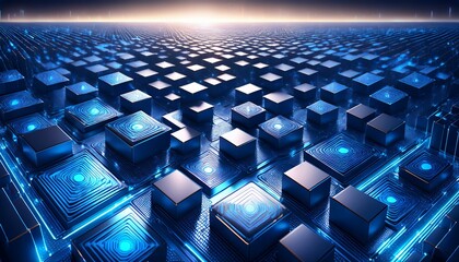 Fototapeta premium a surface consisting of many neatly arranged three-dimensional boxes, with a dark blue color and bright blue borders, creating a futuristic and dynamic impression