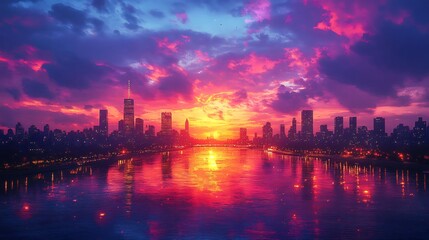 Fototapeta premium Digital artwork of urban skyline at dusk with glowing city lights reflections on a river and a vibrant sunset