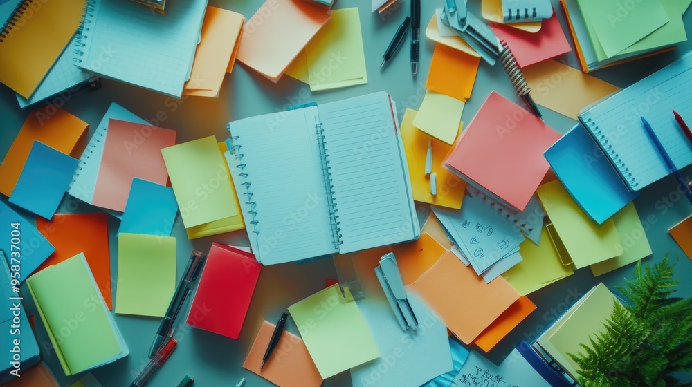 Poster a top view of a desk cluttered with multicolored notebooks, sticky notes, and pens, creating a livel