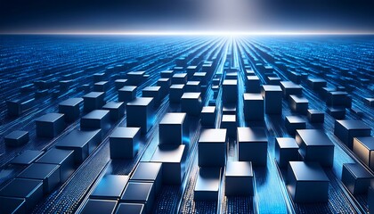 Obraz premium a surface consisting of many neatly arranged three-dimensional boxes, with a dark blue color and bright blue borders, creating a futuristic and dynamic impression