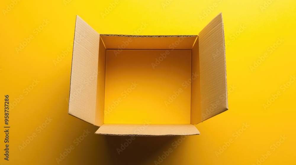 Poster a top-down view of an open cardboard box with a bright yellow interior, creating a pop of color agai