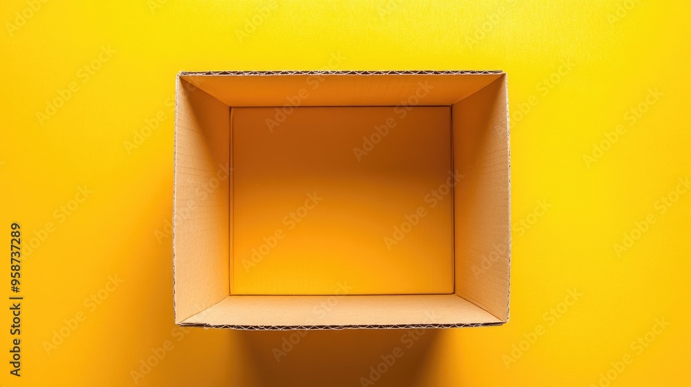 Poster a top-down view of an open cardboard box with a bright yellow interior, creating a pop of color agai