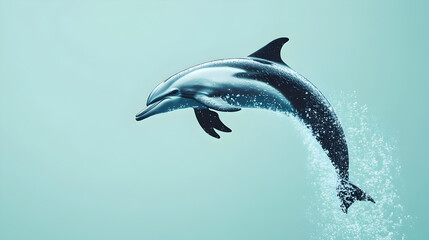 Obraz premium A playful dolphin leaping out of water on a turquoise background