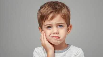 little boy presses hand to cheek, suffers from pain in tooth isolated on gray studio background. Teeth decay, dental problems, child emotions and facial expression