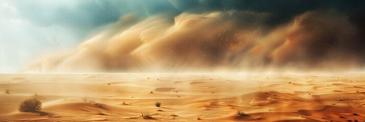 Obraz premium Fierce Desert Storm: A dramatic sandstorm whips across the endless desert sands, obscuring the horizon and revealing only a few sturdy desert plants.
