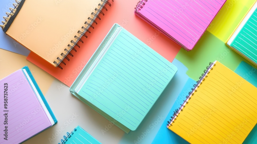 Aufkleber a vibrant display of multicolored notebooks open to blank pages, with a mix of bright hues and soft 