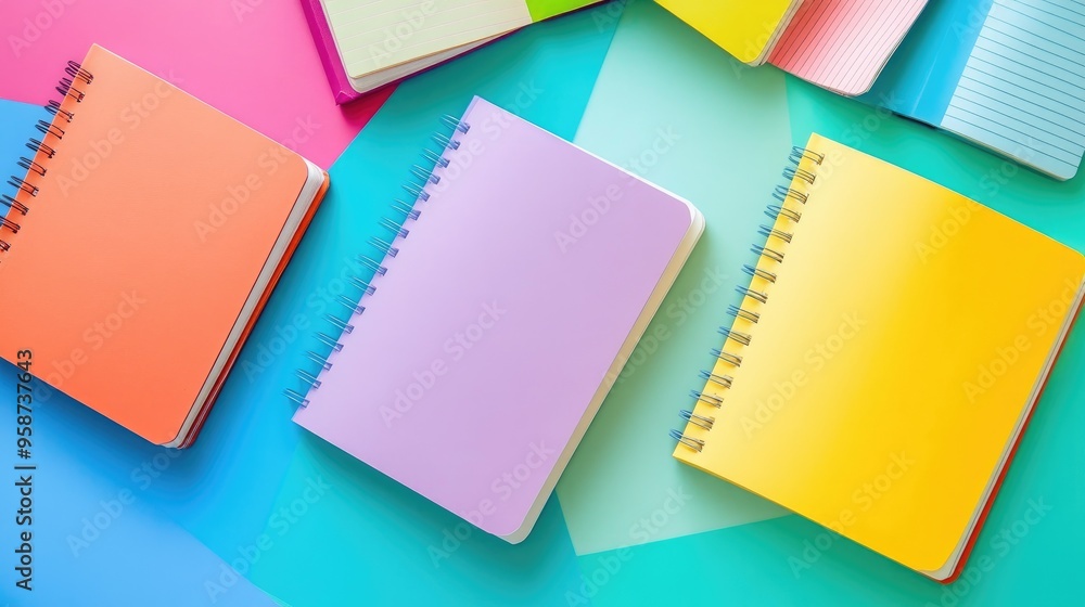 Poster a vibrant display of multicolored notebooks open to blank pages, with a mix of bright hues and soft 