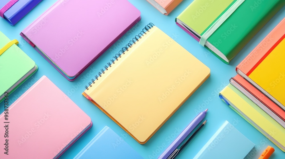 Poster a vibrant display of multicolored notebooks open to blank pages, with a mix of bright hues and soft 
