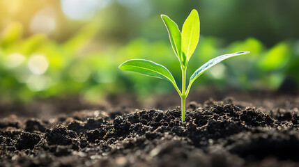 Fototapeta premium Young green plant growing in fresh soil 