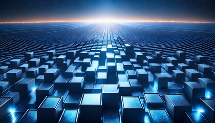 Fototapeta premium a surface consisting of many neatly arranged three-dimensional boxes, with a dark blue color and bright blue borders, creating a futuristic and dynamic impression