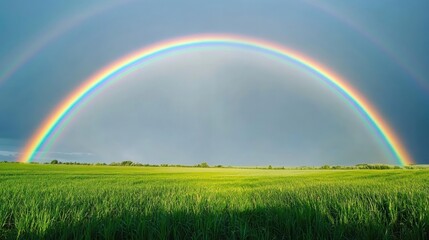 Naklejka premium A vibrant rainbow arching across a clear sky after a light rain, with lush green fields in the foreground