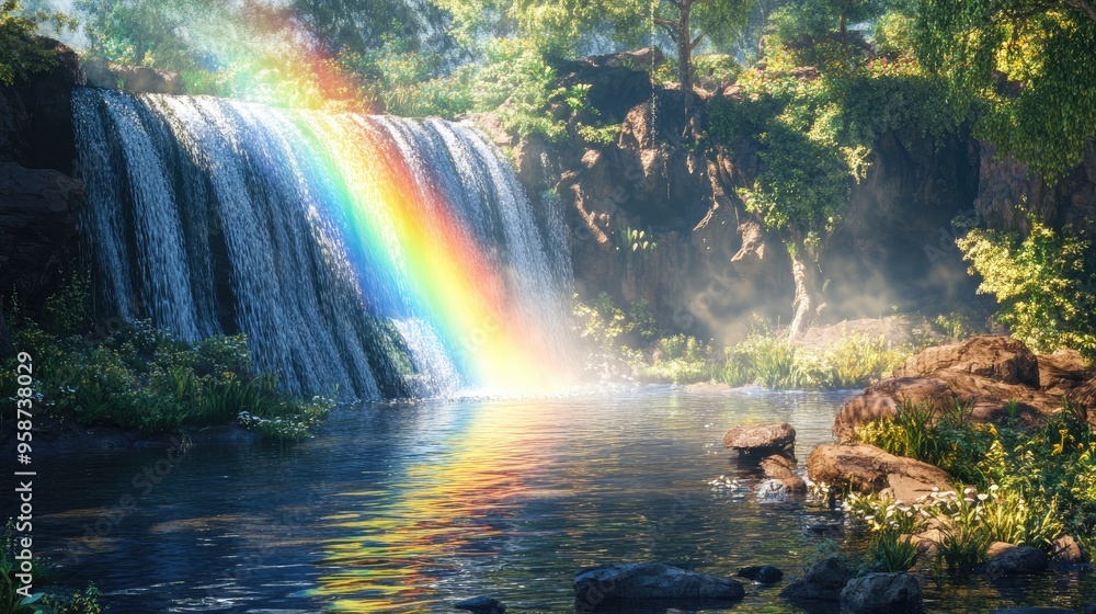 Poster a vivid rainbow over a scenic waterfall, with cascading water and surrounding greenery creating a pi